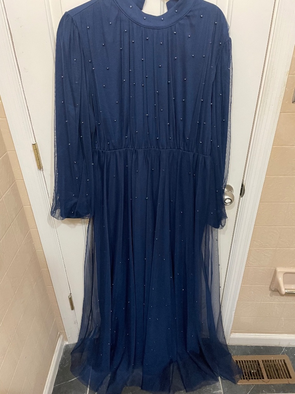 Navy floor length, long-sleeve elegant dress